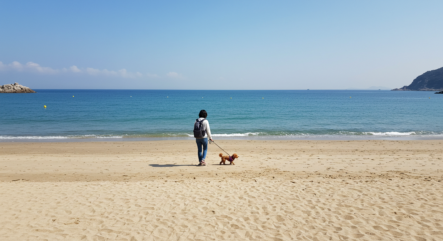 양양 하조대 해변에서 반려견과 산책하는 한국인