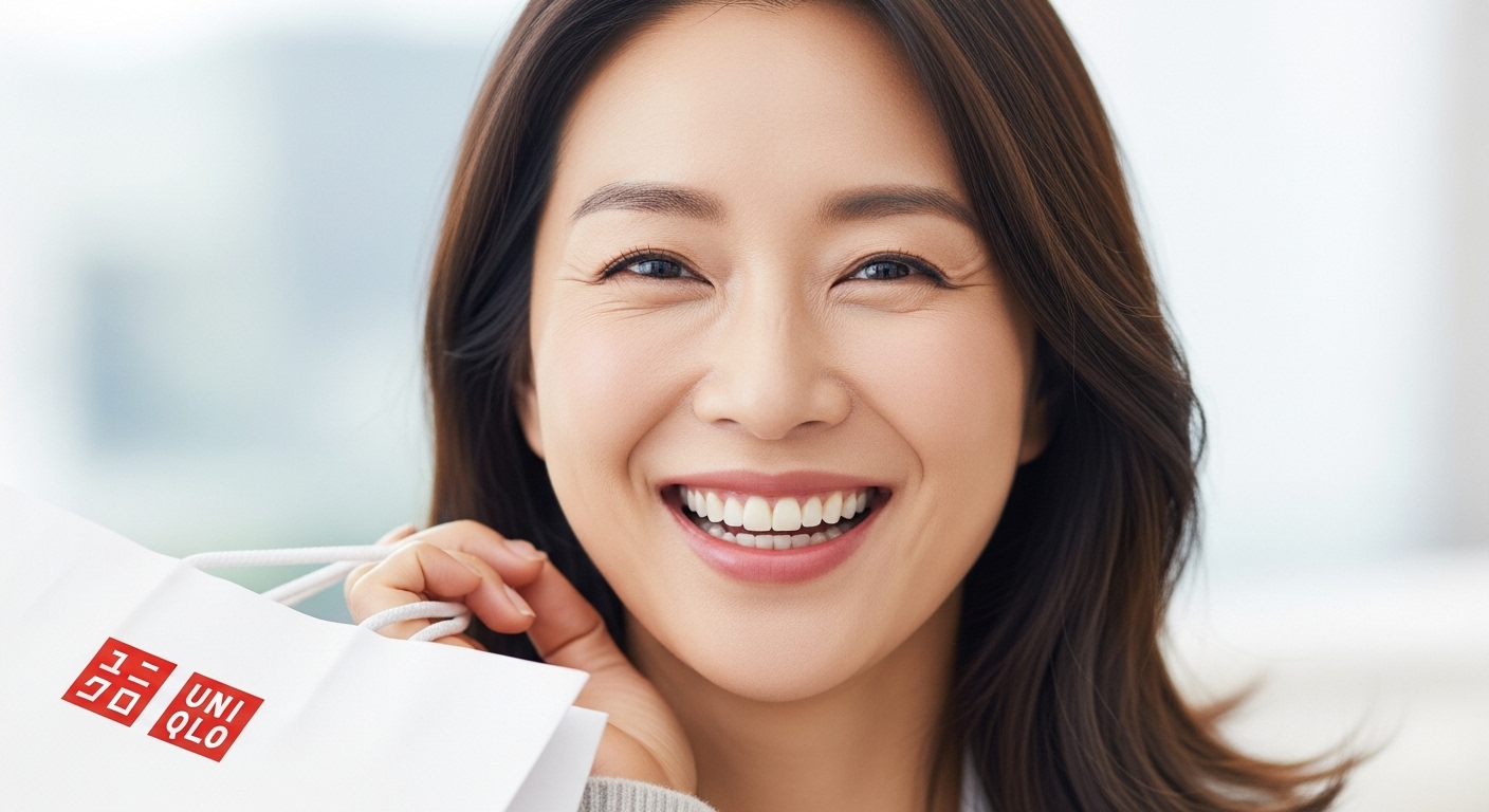 유니클로 쇼핑백을 들고 환하게 웃고 있는 사람의 클로즈업