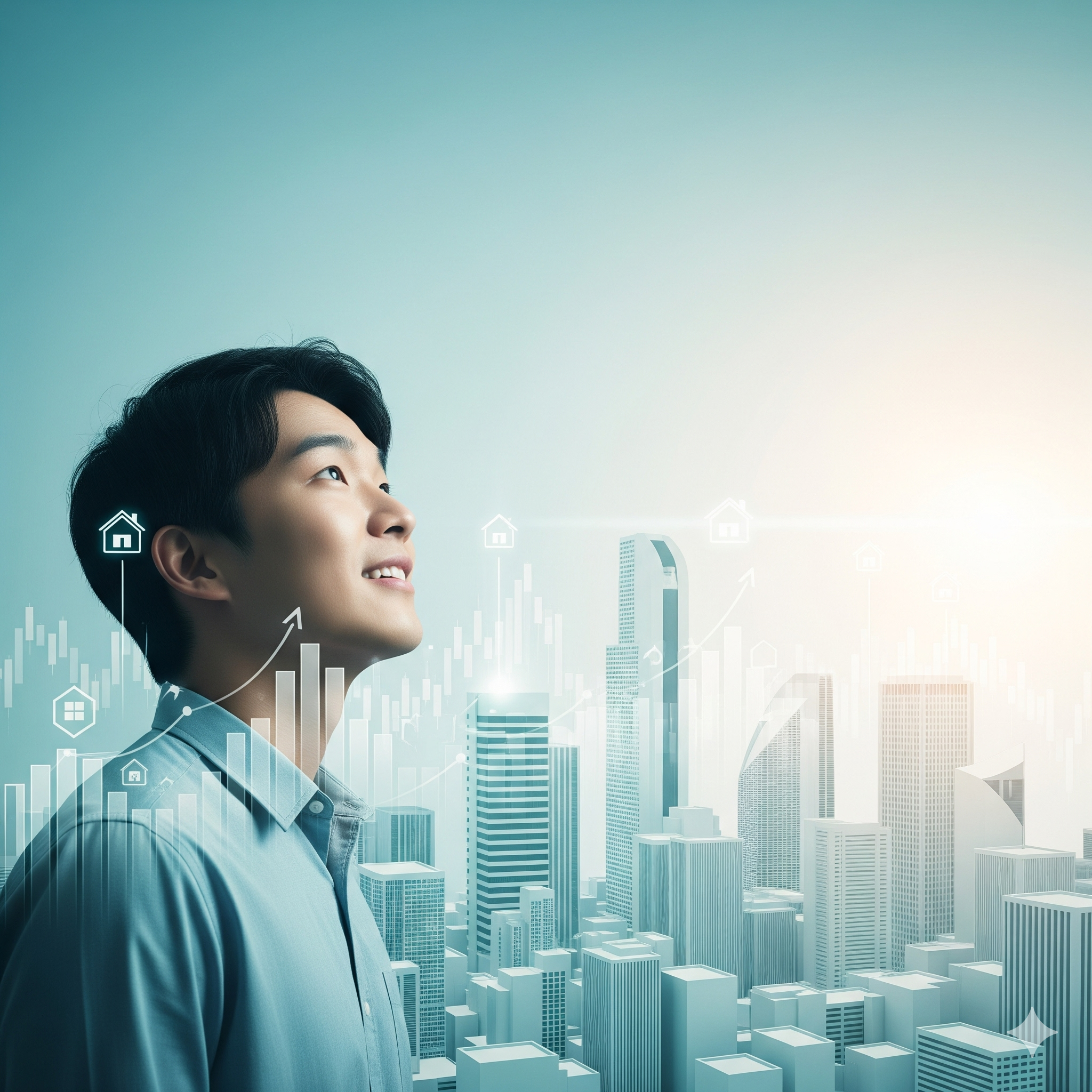 희망적인 미래를 상징하는 금융 차트와 도시 풍경 속 인물 그래픽