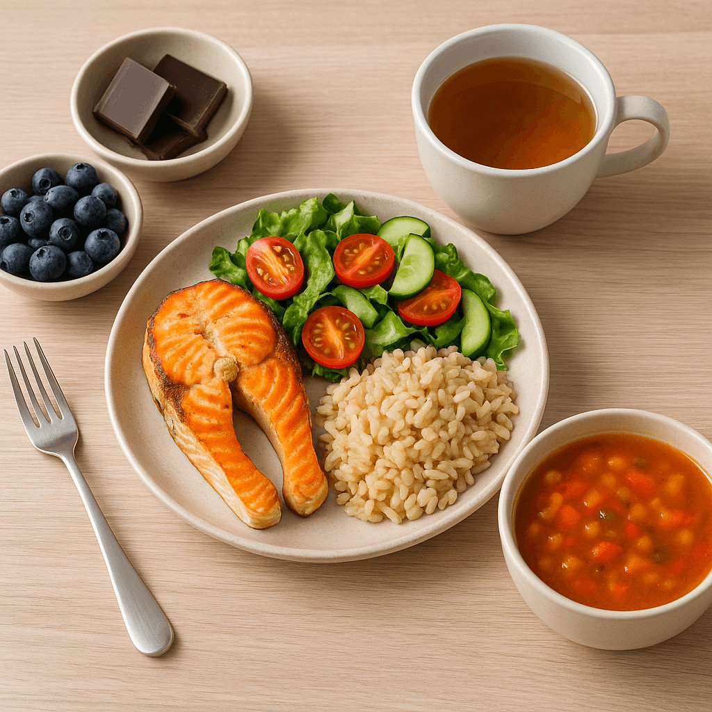 연어 스테이크, 현미밥, 신선한 샐러드, 토마토 수프, 블루베리, 다크초콜릿, 녹차로 구성된 항산화 건강식단 한 끼