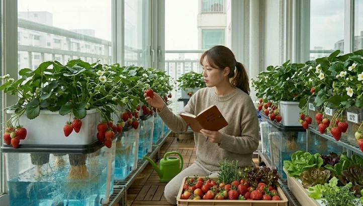 베란다 수경재배 용기에서 익어가는 딸기 모습