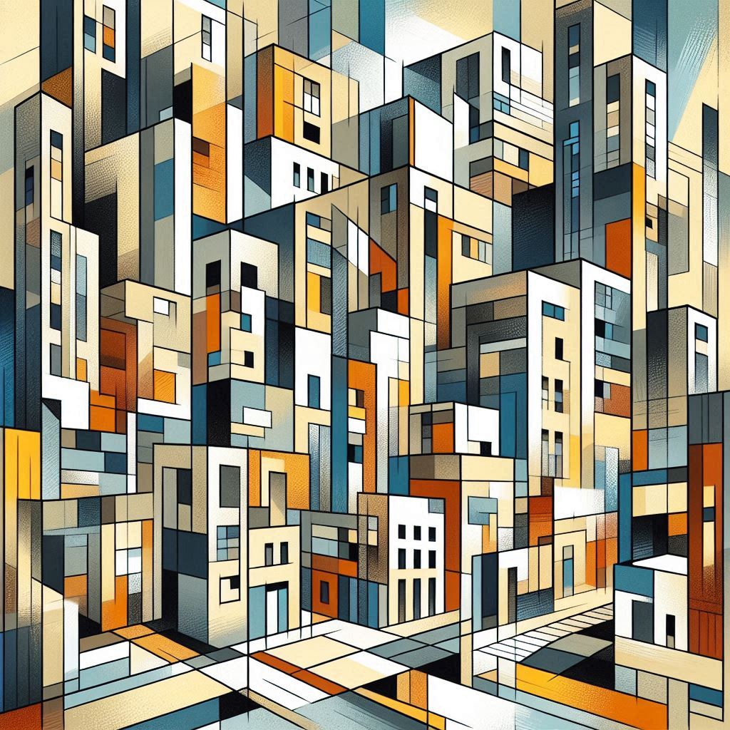 도시 건물들, 피카소 스타일, 기하학적 건축물, 조각난 형태, 큐비즘 풍경화1