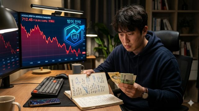 코스닥 하락장에서 개인투자자가 현금 비중과 분할매수 전략을 검토하는 모습