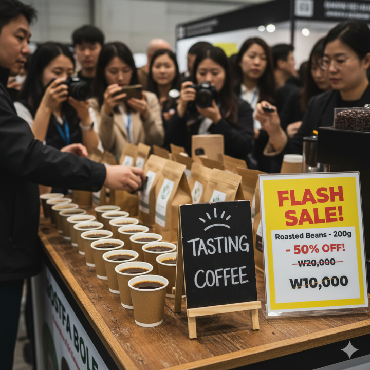 시음용 커피와 현장 할인 가격표를 촬영한 이미지