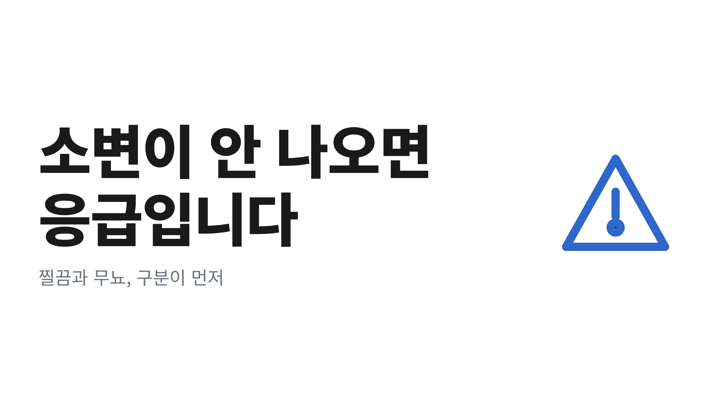 고양이 소변이 안 나오면 응급이며 찔끔과 무뇨를 먼저 구분해야 한다는 문구와 경고 아이콘을 담은 대표 이미지