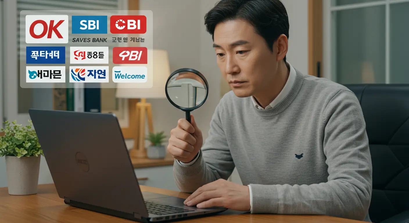 여러 한국 저축은행 로고를 보며 아파트 후순위 담보대출 금리를 비교하는 모습