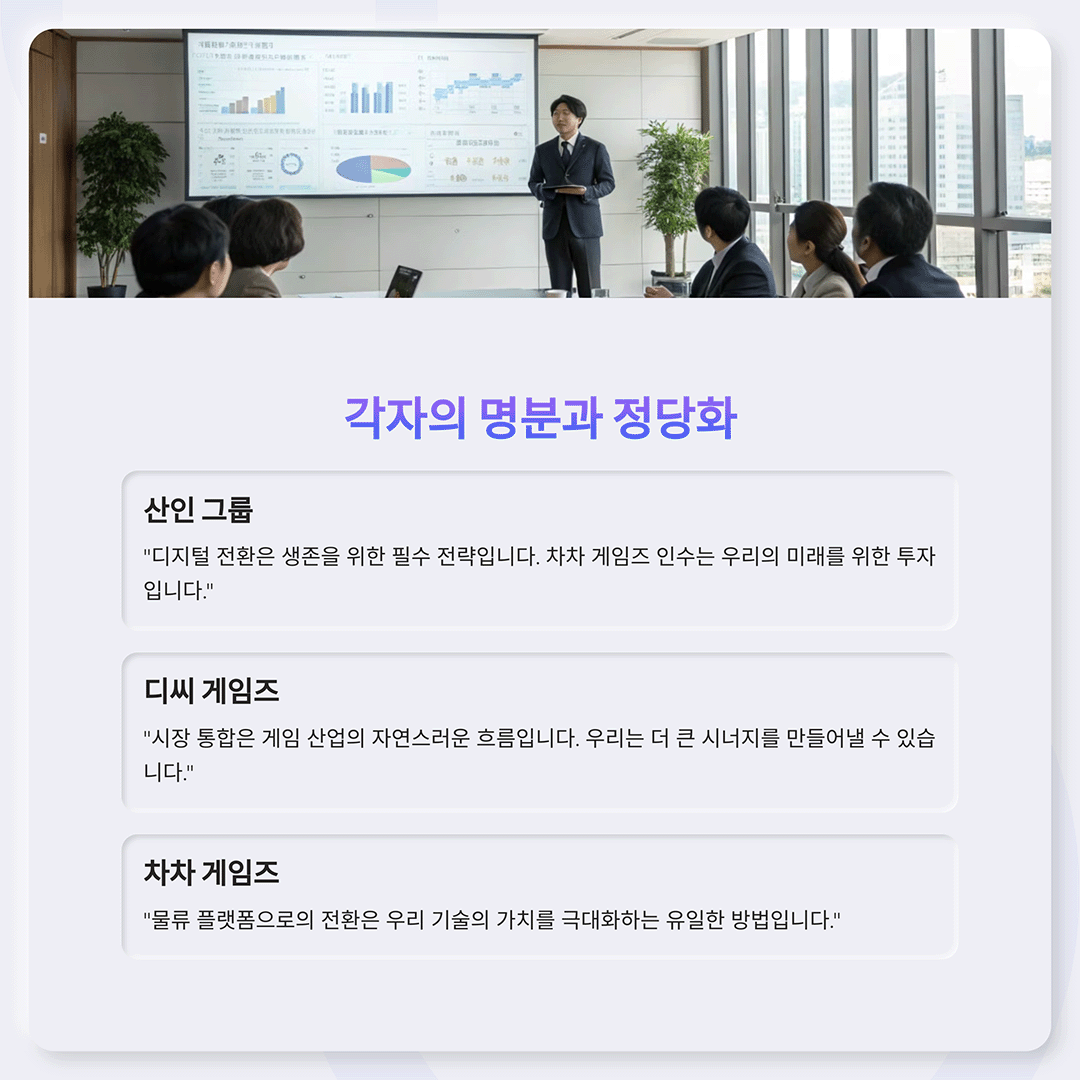 회의실에서 정장을 입은 남성이 프레젠테이션을 진행하는 모습. 스크린에는 다양한 그래프와 데이터가 표시되어 있으며, 참석자들이 집중해서 듣고 있다.
아래에는 '각자의 명분과 정당화'라는 제목이 보라색 글씨로 적혀 있으며, 세 개의 주요 입장이 정리되어 있다.