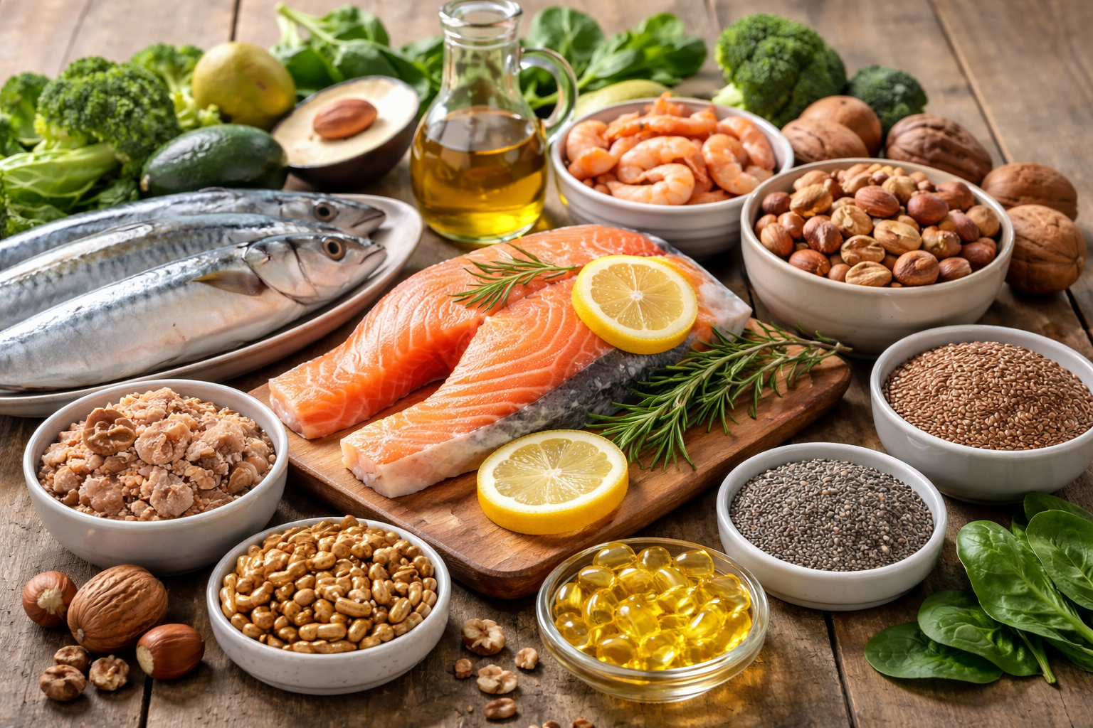 오메가3 지방산이 풍부한 연어, 고등어, 견과류, 씨앗류 식품이 푸짐하게 놓인 건강 식탁 이미지