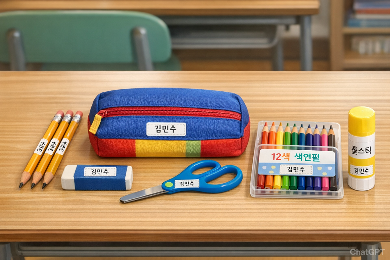 초등학교 책상 위에 가지런히 정리된 연필, 지우개, 색연필 등 기본적인 학용품들. 모든 학용품에는 아이의 이름표가 붙어있다.