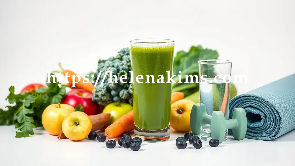 투명한 유리잔에 담긴 생기 넘치는 아침 청혈 주스가 놓여 있습니다. 주스 잔 주변에는 신선한 사과, 당근, 케일, 블루베리 등 다양한 주스 재료들이 조화롭게 배열되어 있어요.