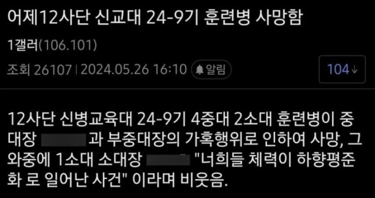 12사단 훈련병은 학대, 가혹행위로 '횡문근융해증'으로 사망했다.