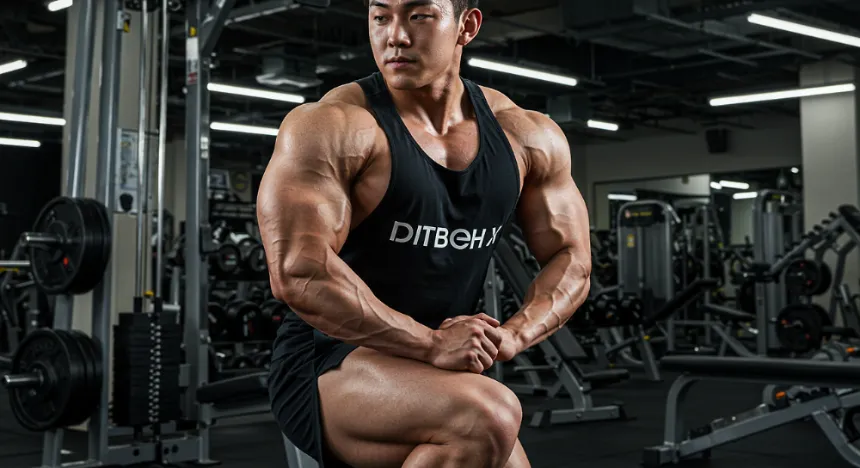 헬스장에서 허벅지에 손을 대고 자세를 취하는 남자 이미지