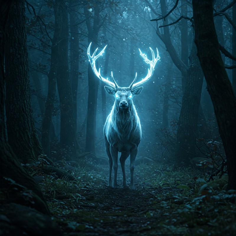 해리포터 스타일의 환상적인 이미지. 어두운 숲 속에서 빛나는 사슴 형태의 수호령이 나타나고 있다. 주변은 신비로운 분위기로 둘러싸여 있다.