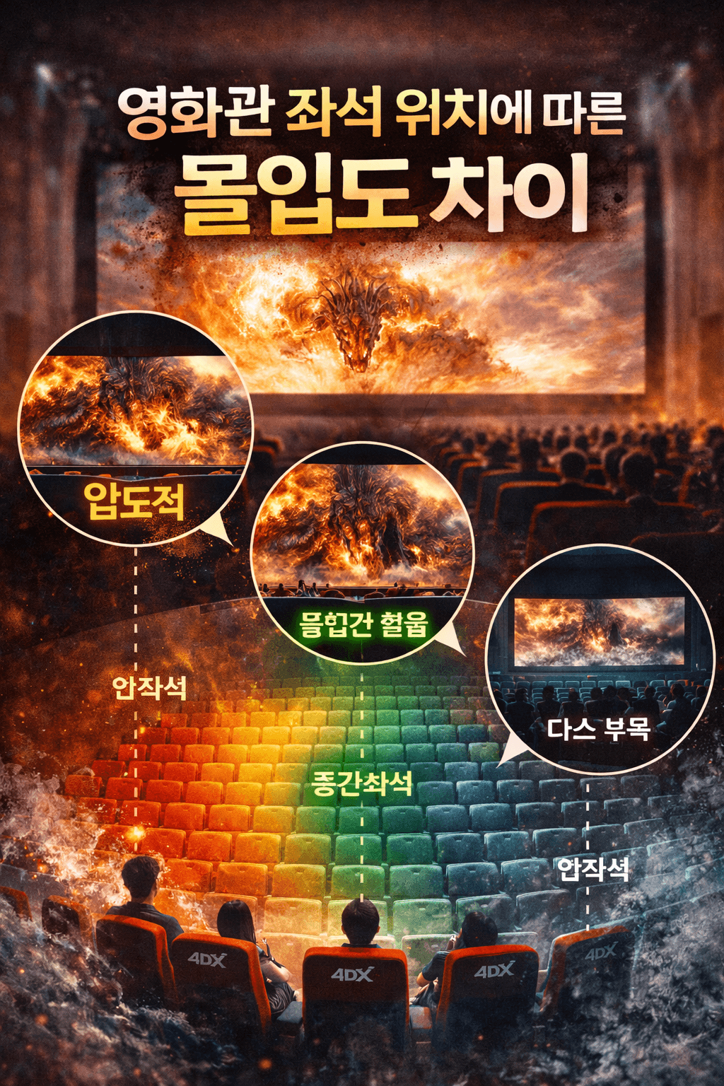 영화관 내부를 배경으로 앞열, 중간열, 뒷열 좌석에 따른 화면 체감 차이를 비교한 인포그래픽 이미지로, 중앙에 ‘영화관 좌석 위치에 따른 몰입도 차이’라는 제목이 강조되어 있으며 좌석 위치별 몰입감을 색상 구분과 예시 화면으로 시각적으로 설명하고 있다.