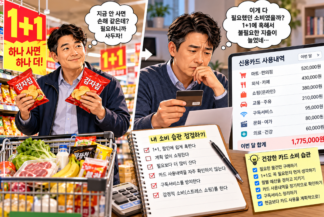 원플러스원 할인과 신용카드 소비 습관을 점검하는 직장인