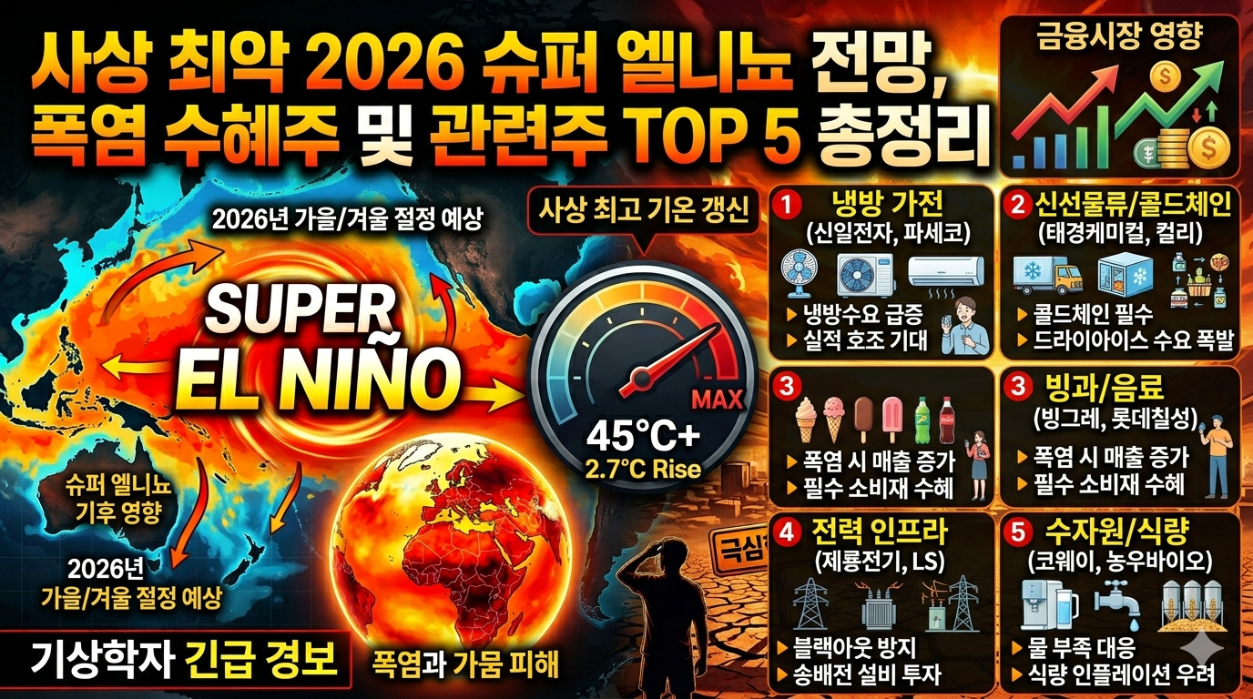 사상 최악의 슈퍼 엘니뇨 발생을 경고하고, 그로 인한 기후 재앙과 주식시장 영향을 분석한 인포그래픽 이미지입니다.