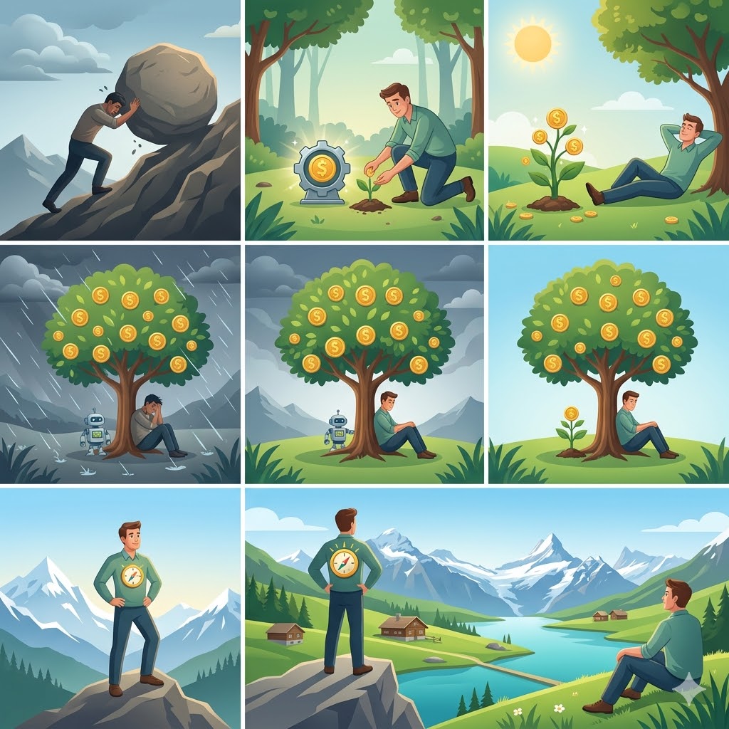 A modern 9-panel illustrative comic showing the transformation from labor income to financial freedom through the 129-Dividend Engine and automated reinvestment.