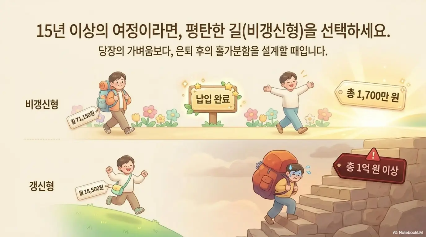 암보험 가입시 주의사항: 비갱신형은 월 71&amp;#44;150원으로 납입 완료 후 총 1&amp;#44;700만 원에 가볍게 도착하고 갱신형은 월 18&amp;#44;500원으로 시작하지만 총 1억 원 이상의 짐을 지고 힘겹게 올라가는 여정 비교 일러스트. 15년 이상 유지 시 비갱신형이 유리한 이유를 시각적으로 전달함 
