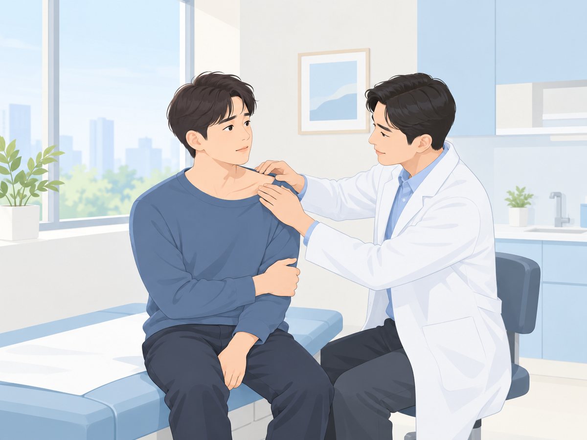 진료실에서 의사가 환자의 쇄골 부위를 살펴보는 진찰 장면