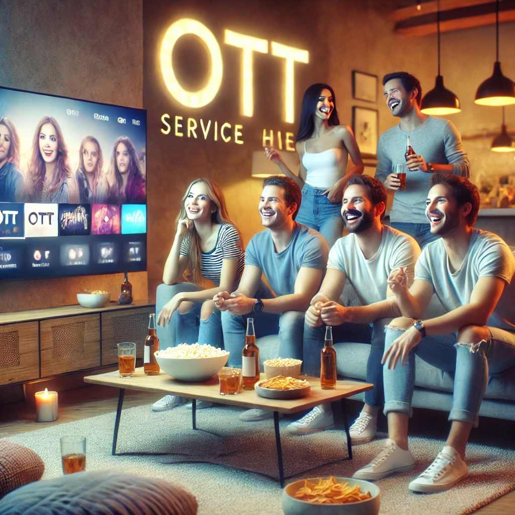 현대적인 거실에서 친구들이 함께 OTT 콘텐츠를 보며 웃고 있는 장면.