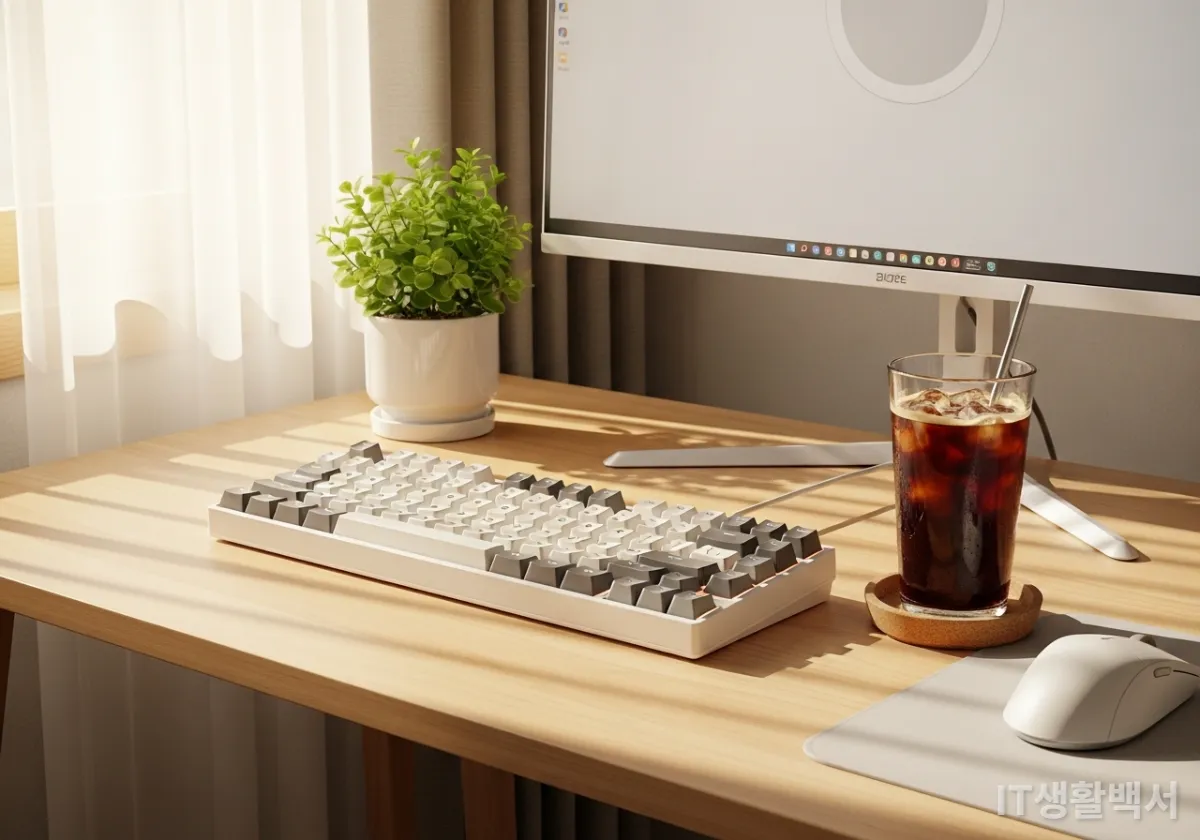 햇살이 들어오는 한국 가정의 책상 위에 놓인 레트로 감성의 커스텀 기계식 키보드