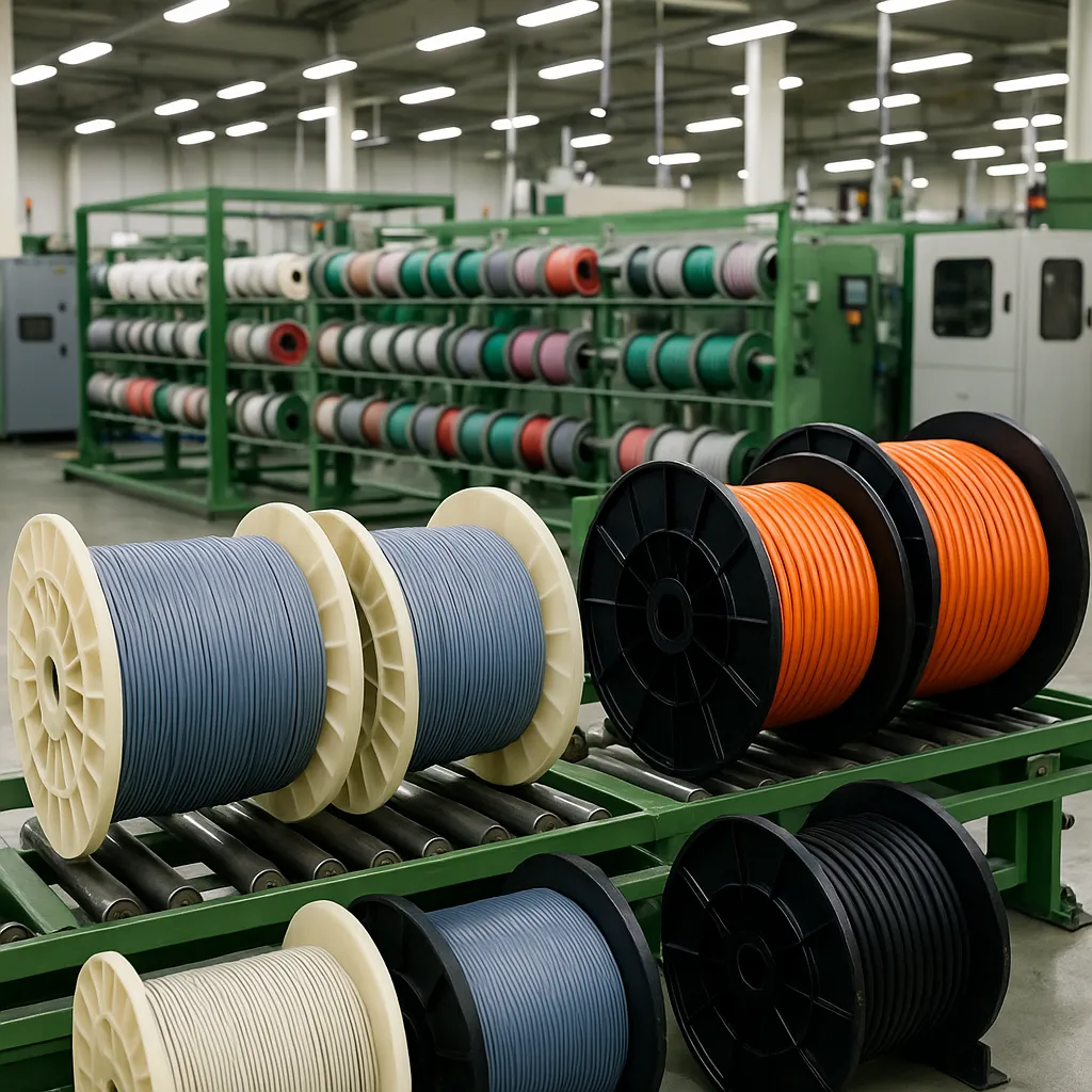 전자부품용 와이어와 산업용 케이블이 정돈된 생산 라인