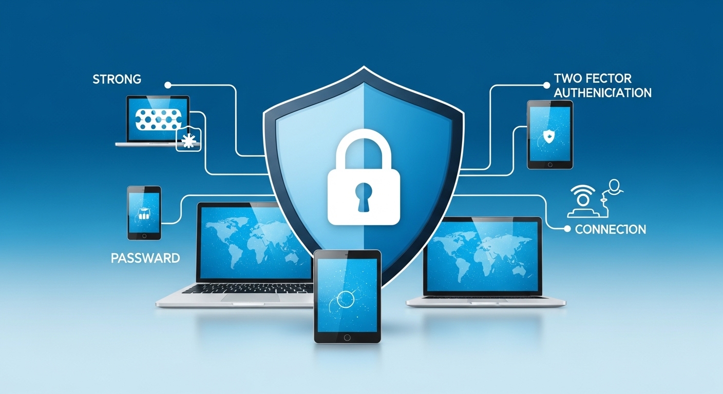 다양한 디지털 기기들을 보호하는 방패 또는 잠금 아이콘. 강력한 비밀번호와 2단계 인증 등 디지털 보안 강화의 중요성을 시각적으로 표현한다.