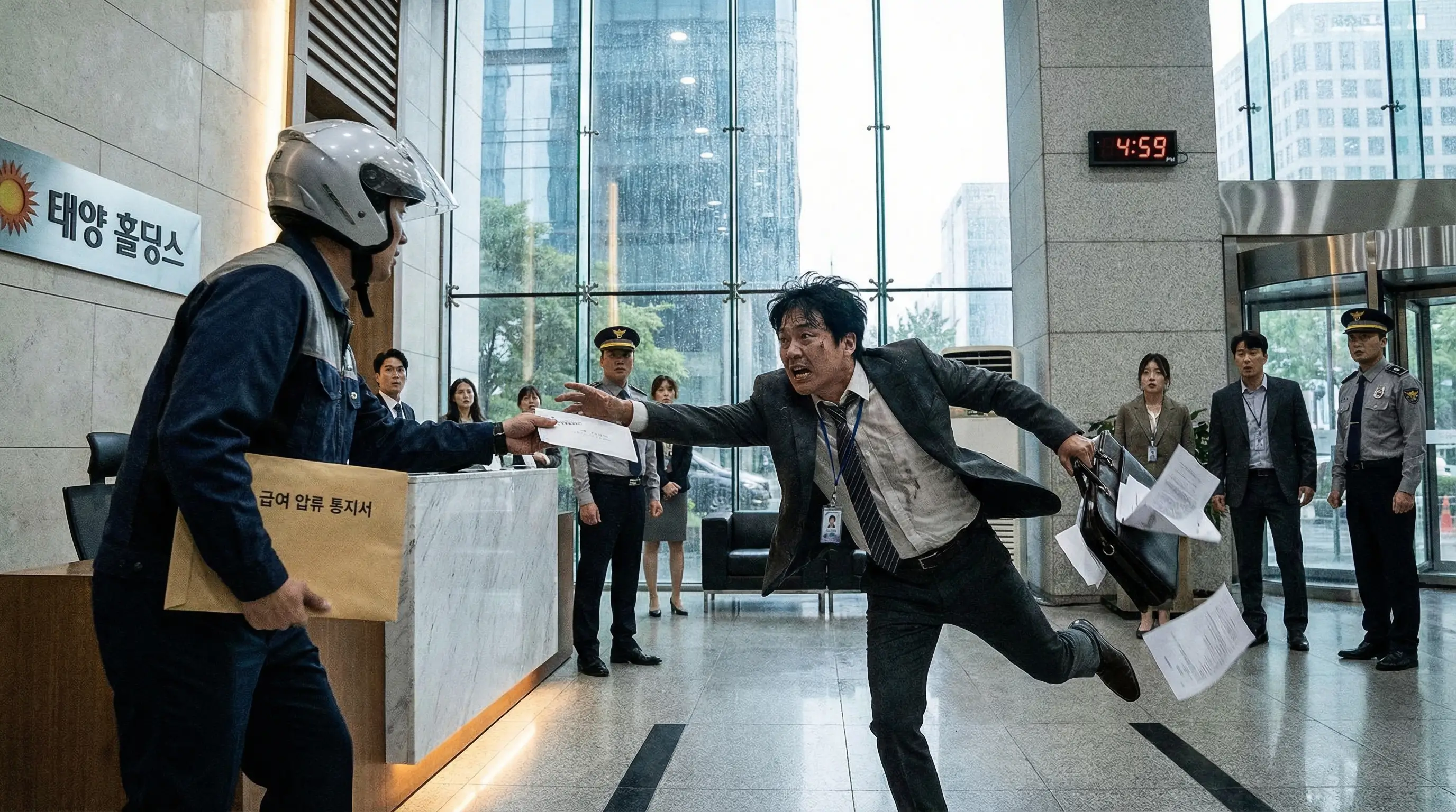 법원에서 온 급여 압류 통지서가 회사 건물로 배달되기 직전의 긴박한 상황과 이를 막으려는 직장인의 모습