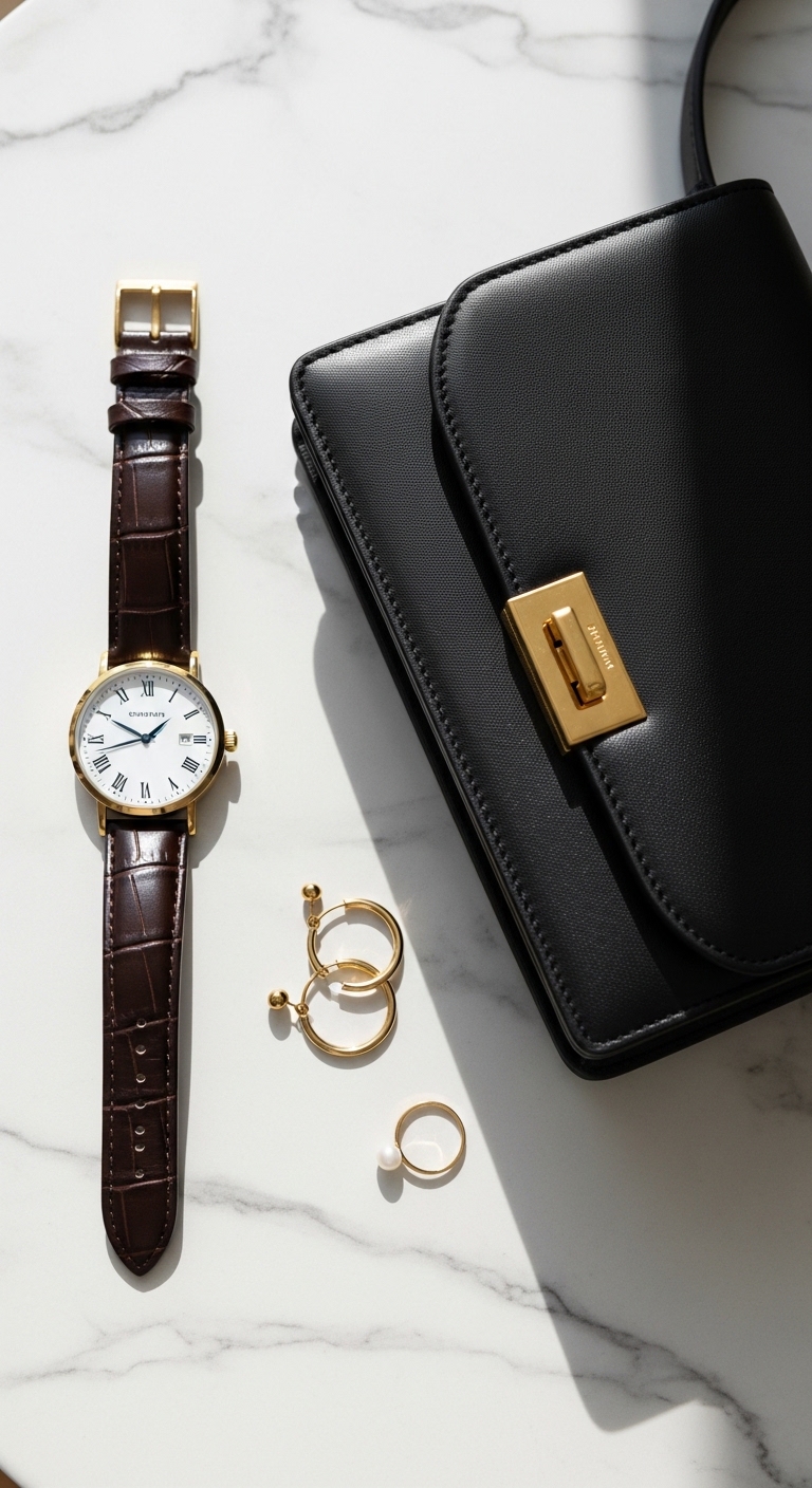 A classic leather watch and a high-end black leather handbag placed on a marble table, minimalist accessories, luxury and simple mood, top-down view, soft shadows