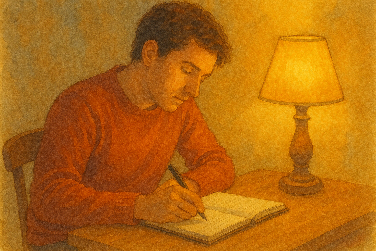 따뜻한 조명 아래의 일기쓰기