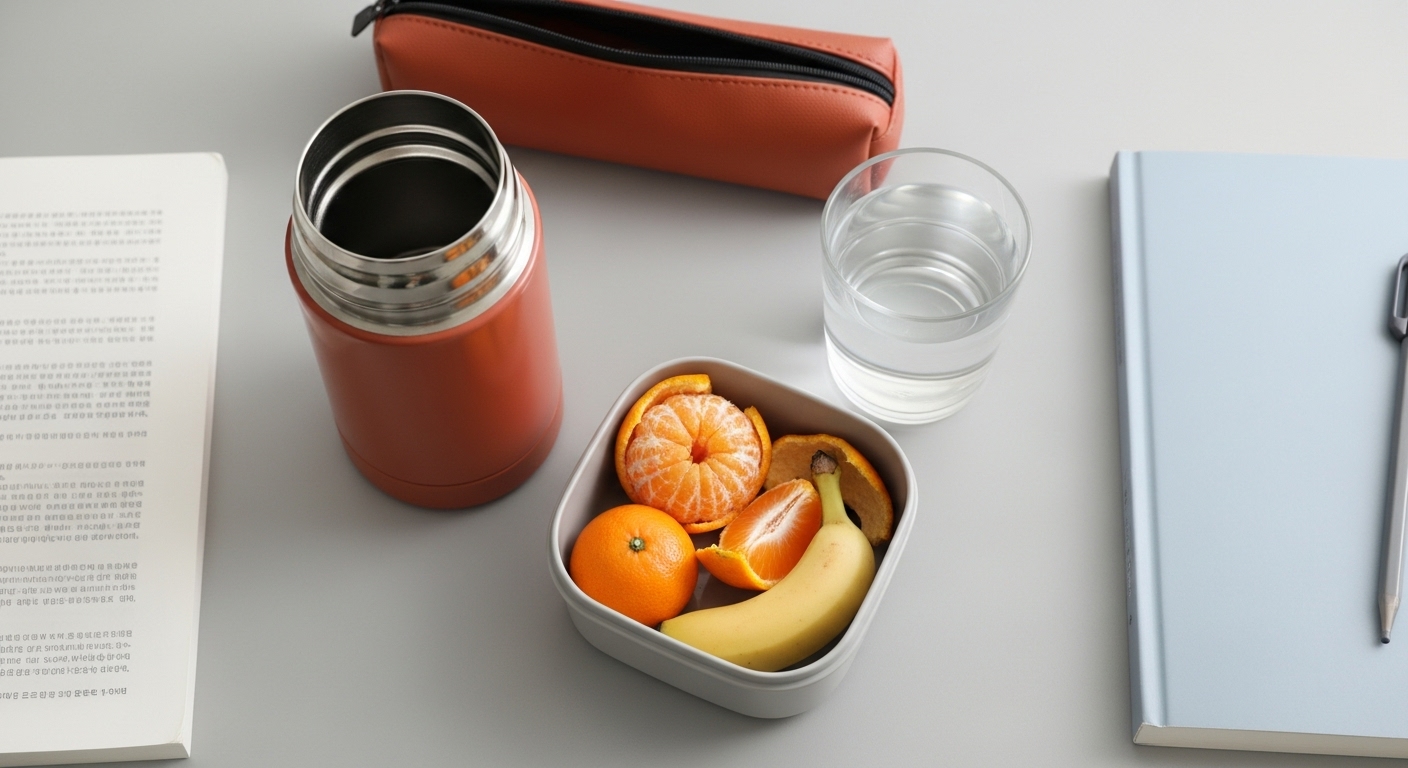 수능 당일 책상 위, 따뜻한 보온병과 간식(귤, 바나나), 물이 놓여 있어 시험 중 에너지 보충과 컨디션 관리에 도움을 줍니다.