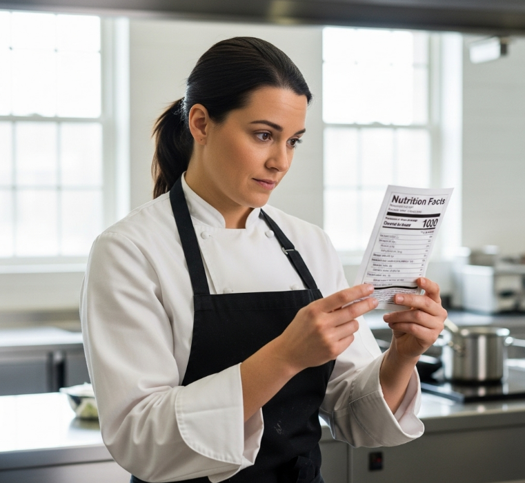 요리사가 영양 성분표를 보고 있는 모습의 이미지