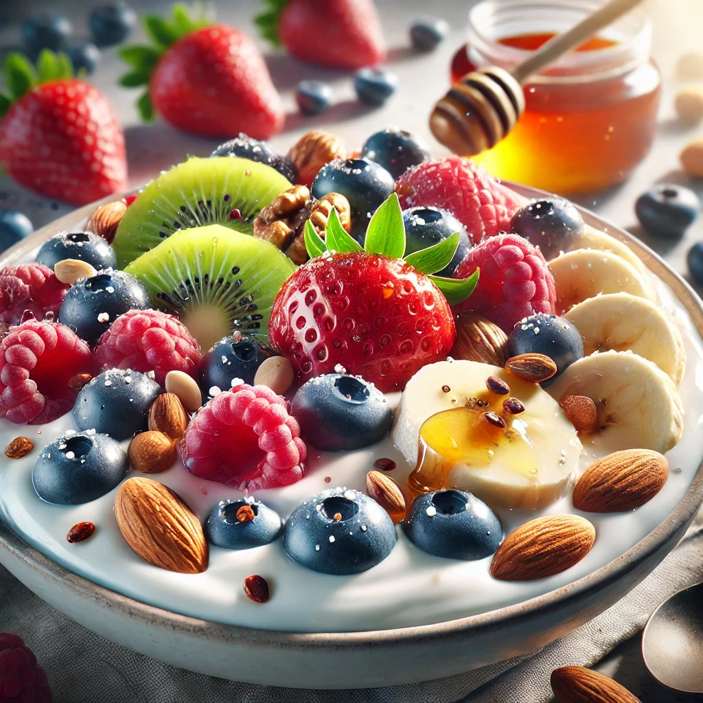 신선한 베리류, 바나나, 키위, 아몬드, 호두, 치아씨드, 꿀이 올려진 그릭 요거트볼. 다양한 색의 과일과 견과류가 요거트 위에 장식된 건강한 스낵.