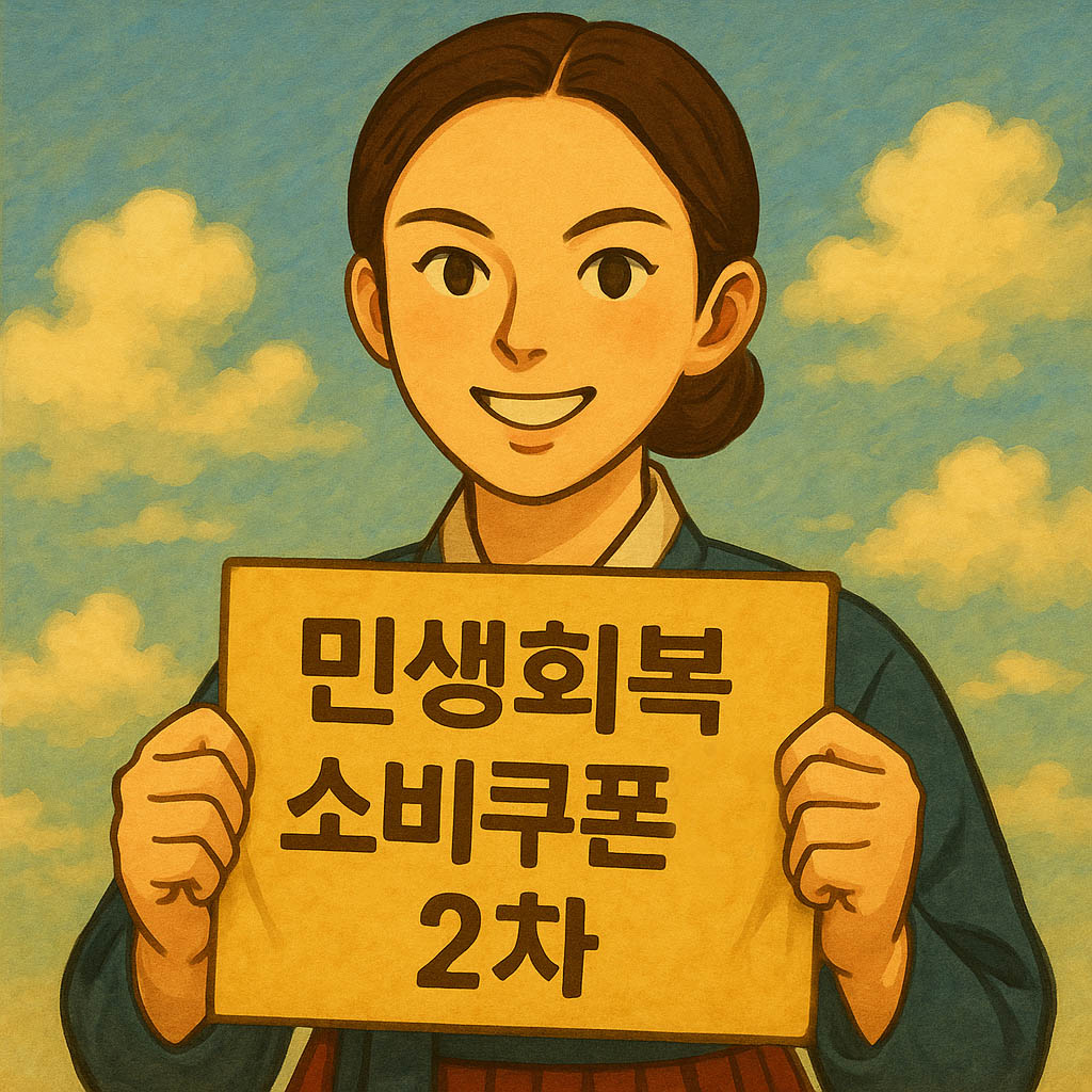 파란 하늘 아래 환하게 웃는 여성이 &lsquo;민생회복 소비쿠폰 2차&rsquo;라고 적힌 종이를 들고 있는 모습&amp;#44; 정부지원금 홍보 느낌의 메인 이미지