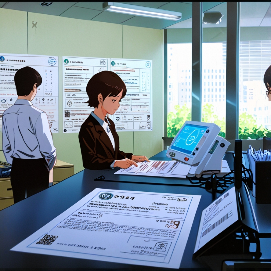 "건강보험 자격득실 확인서 발급을 위해 동사무소에서 서류를 출력하는 모습. 창구 직원이 전산 시스템을 통해 서류를 확인하고 있으며, 배경에는 건강보험 관련 안내문이 부착된 사무실 내부가 보인다."