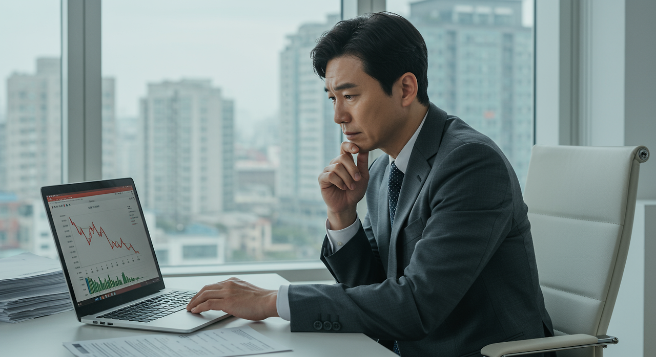 현대적인 사무실에서 노트북으로 하락하는 카카오 주식을 검토하는 투자자의 모습