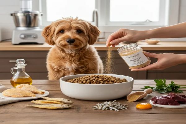 테이블 위에 동결 건조 닭가슴살,황태,저염 멸치가 놓여져 있고 사료가 담긴 그릇에 마법의 가루를 뿌려주고 있는 오습을 강아지가 흐믓하게 지켜보고 있다.