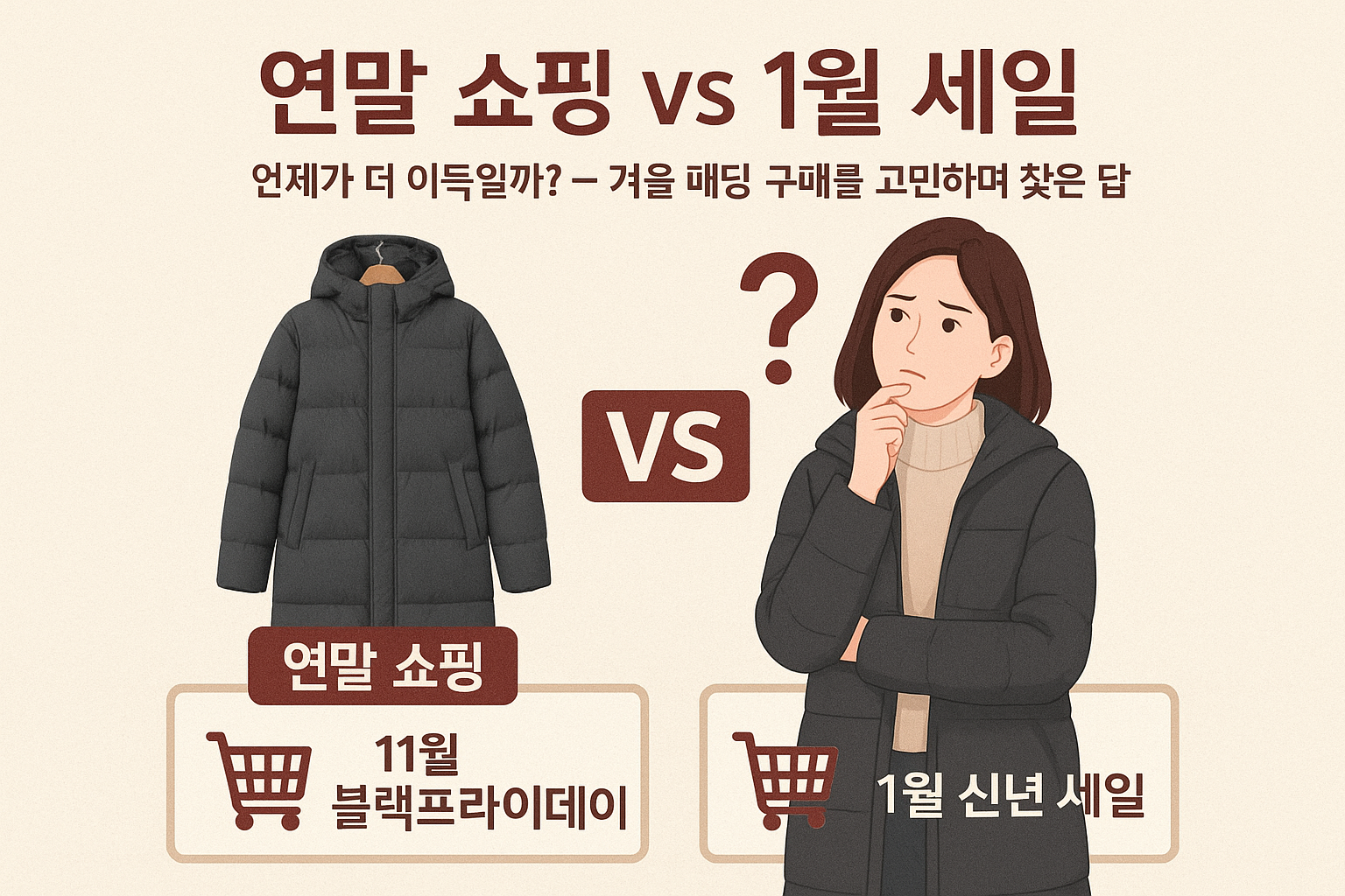 연말쇼핑(블랙프라이데이)과 1월 신년 세일 중 겨울 패딩를 언제 구매하는 것이 이득일지 고민하는 일러스트 배너