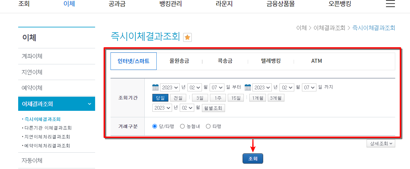 이체 수단과 조회기간을 설정하고 조회 선택