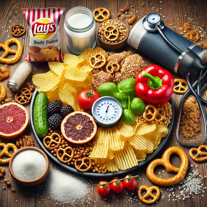 짠 음식(감자칩&amp;#44; 프레첼&amp;#44; 가공육 등)으로 혈압 상승을 유발하는 식단을 보여주는 이미지.