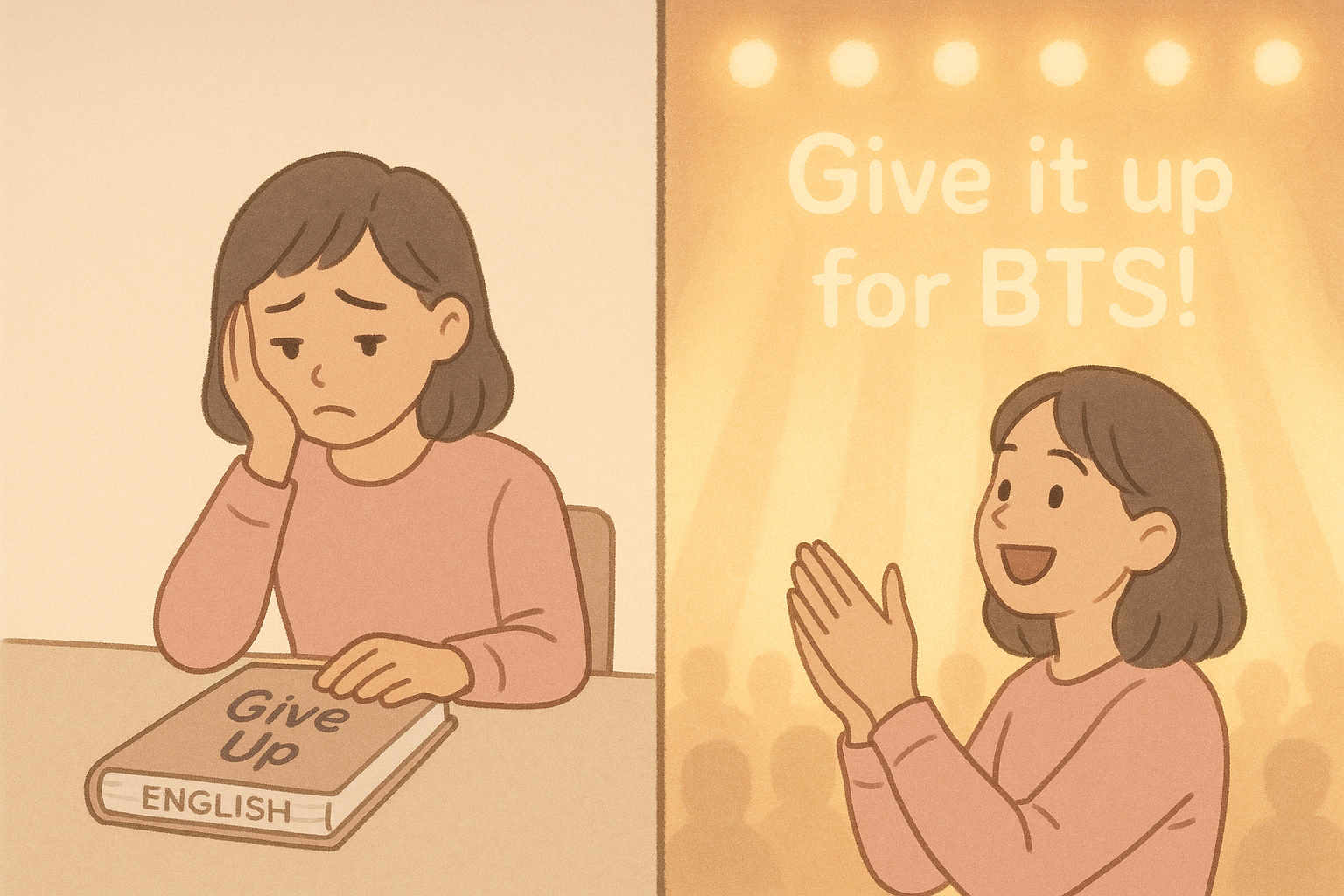 give up과 give it up for 의 차이점에 대한 대비 일러스트