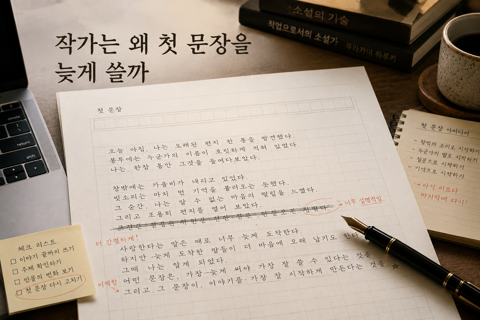작가가 소설 첫 문장을 퇴고하는 창작 과정. 첫 문장 아이디어와 수정 메모가 담긴 원고를 통해 좋은 소설의 시작을 고민하는 모습.