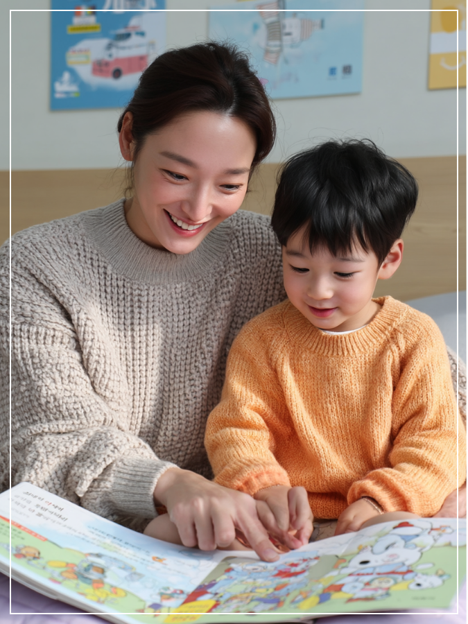 ` 아이가 ORT 책의 그림을 보며 활짝 웃고 있는 모습. 아이의 손가락이 그림 속 캐릭터를 가리키고 있고, 엄마는 따뜻한 미소로 아이를 바라보고 있음. '읽기' 스트레스 없이 즐거워 보이는 분위기.