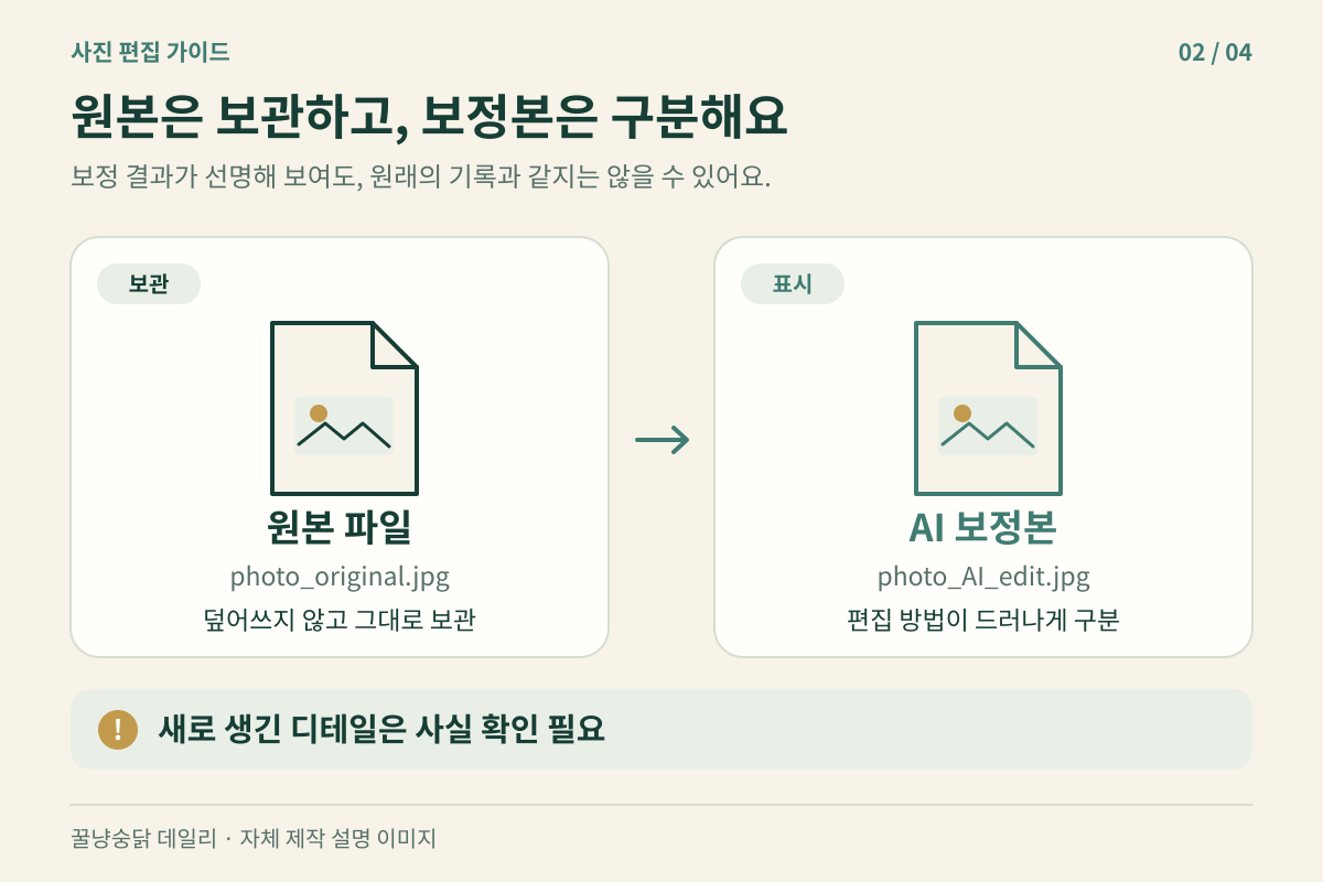원본 파일과 AI 보정본을 구분해 보관하는 방법을 설명한 도해