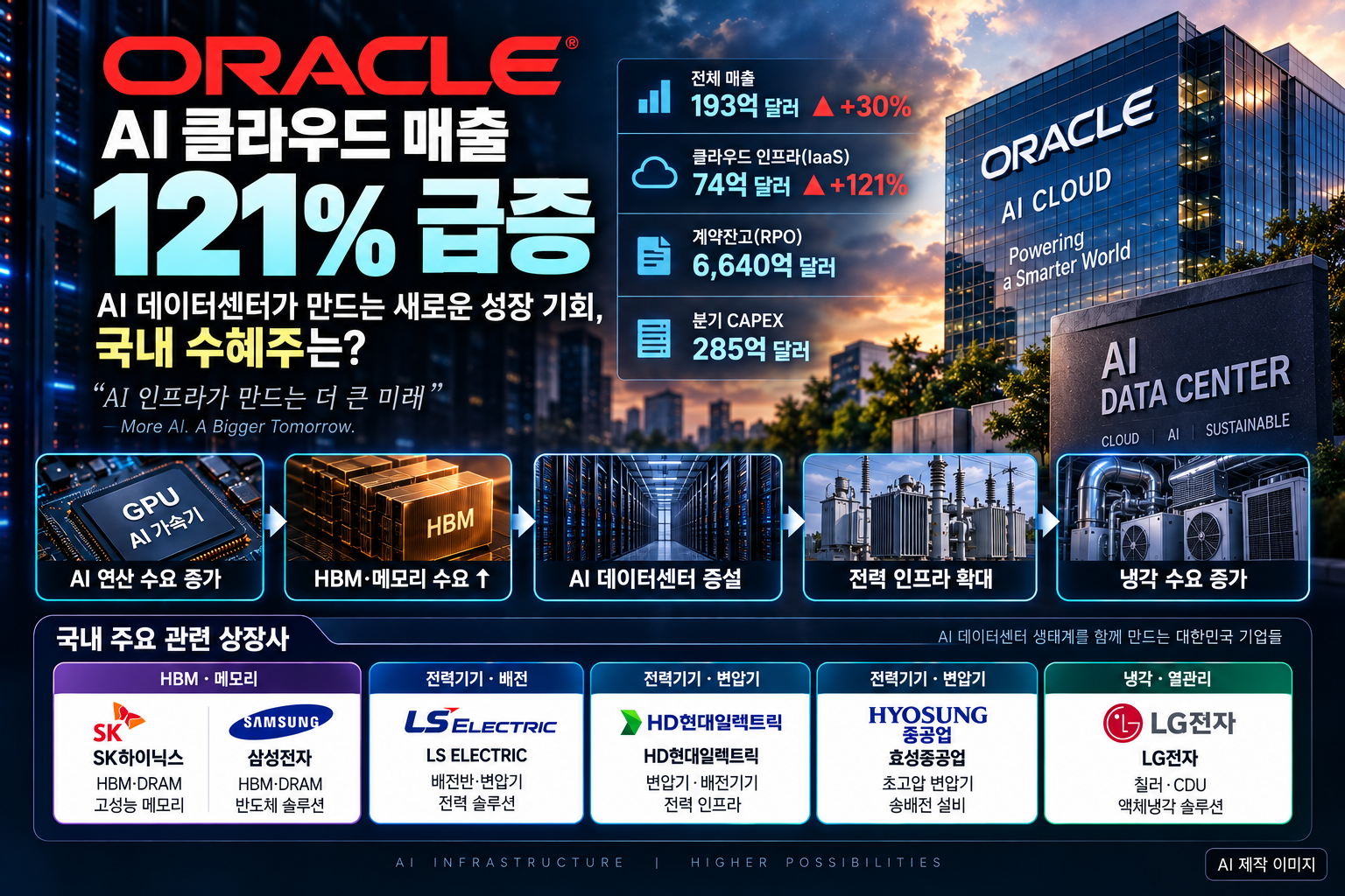 오라클 AI 클라우드 매출 121% 성장과 국내 AI 데이터센터 관련 상장사를 정리한 이미지