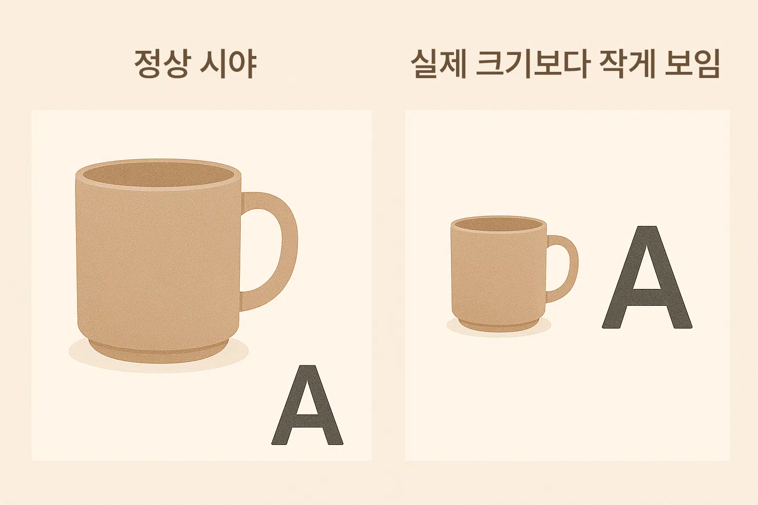 한쪽 눈으로 볼 때 사물이 실제보다 작게 보이는 장면, 같은 크기의 컵이나 문자 비교, 정상 시야와 소시증 시야 비교 이미지