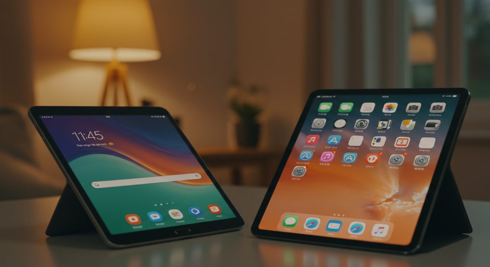 2025년형 갤럭시탭과 아이패드가 나란히 놓여있는 모습. 두 태블릿의 디자인과 혁신적인 기능이 강조된 비교 분석 이미지
