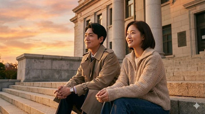 노을 지는 법원 앞 계단, 강다윗과 박기쁨이 나란히 앉아 서로 다른 곳을 응원하듯 바라보는 따뜻한 투샷