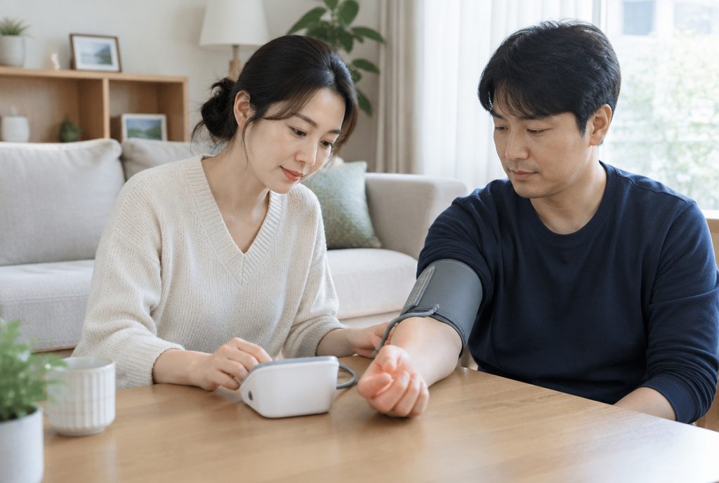 뇌출혈 재발 예방을 위해 아침 가정혈압을 재는 부부