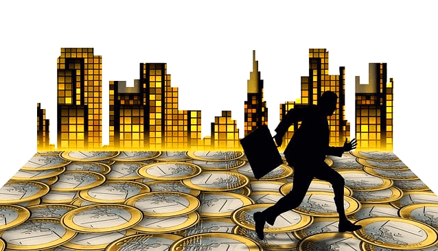 뒤에 황금색의 건물들이 즐비하다. 건물 앞에는 검은 그림자의 한 남자가 서류가방을 들고 빠르게 달린다. 그는 개미투자가이다.